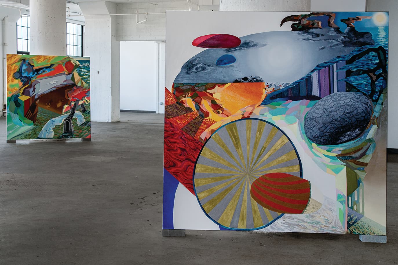 Colorful works by Christopher Schade represent passing islands.