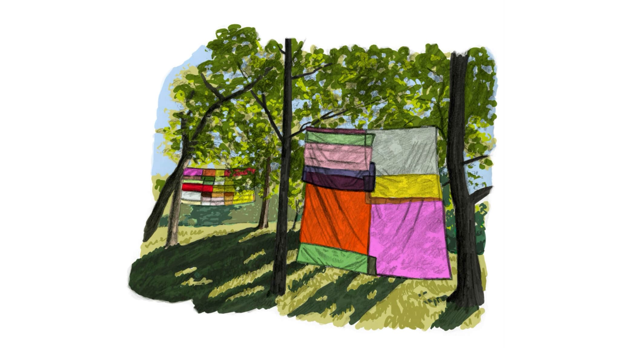 Illustration of flowing textiles hanging in trees.