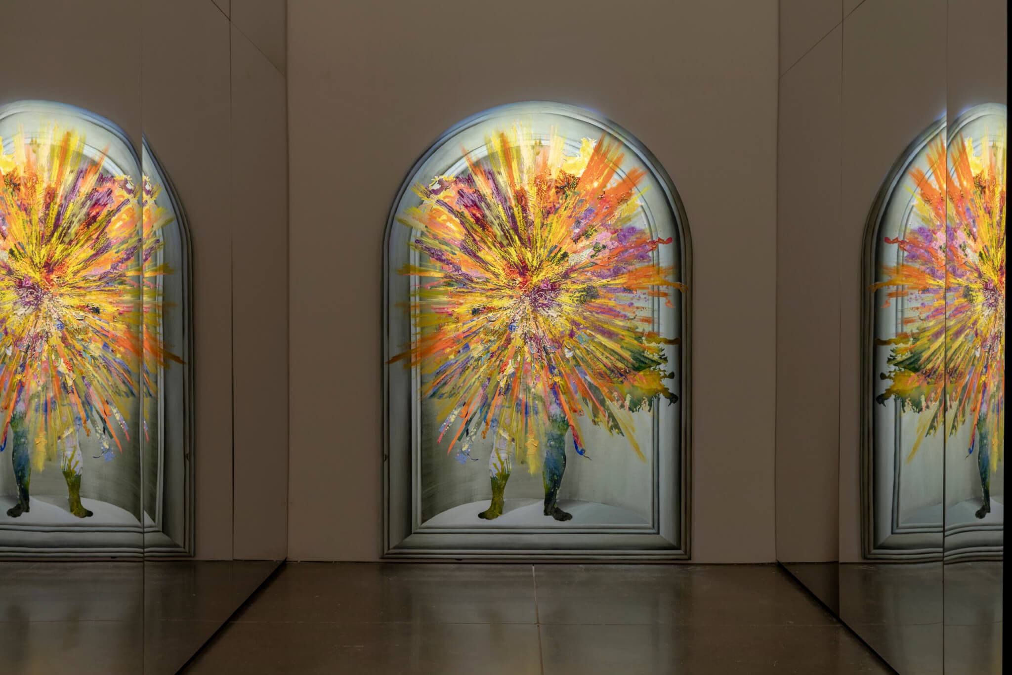 Firelaei Baez's framed painting of a standing figure obscured by textured fireworks of color.